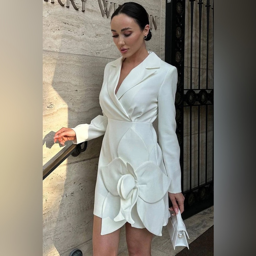 White blazer dress with flower accent